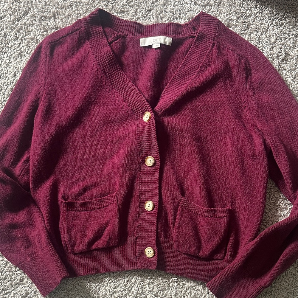 LOFT Burgundy V-Neck Button Cardigan with Patch Pockets